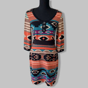 Yumi Boho Multiple Colour Aztec Tribal Pattern Sweater Dress